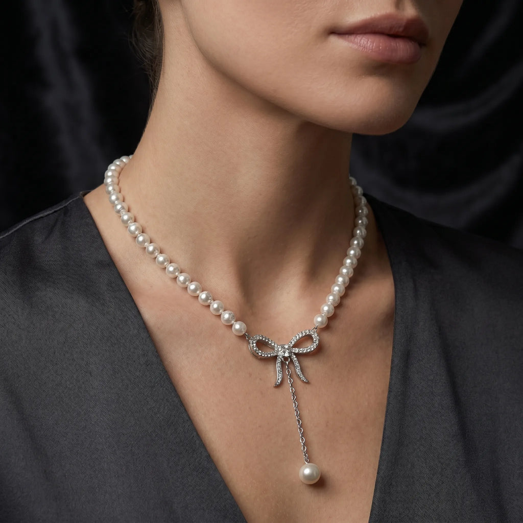 Coquette Diamond Bow Pearl Lariat