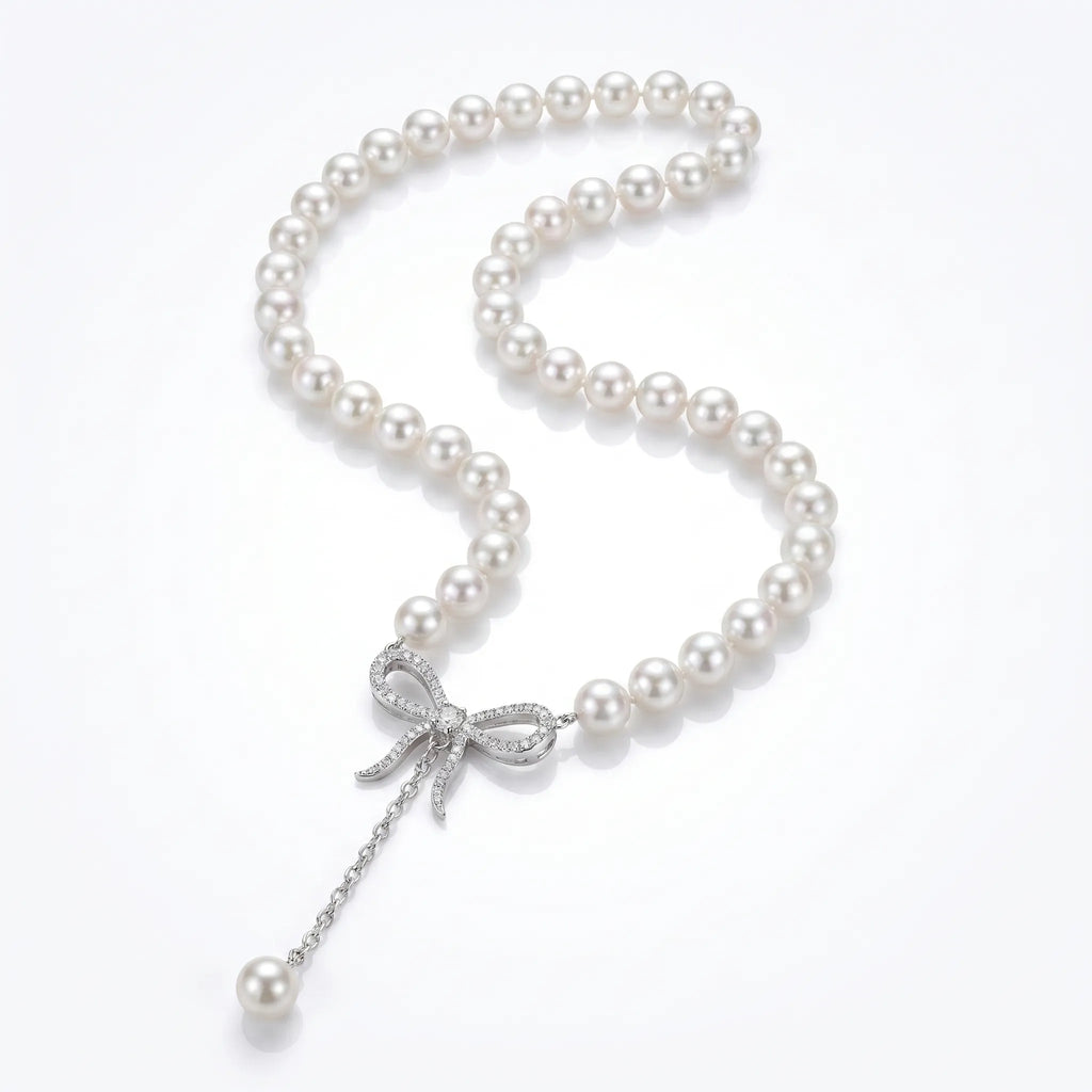 Coquette Diamond Bow Pearl Lariat