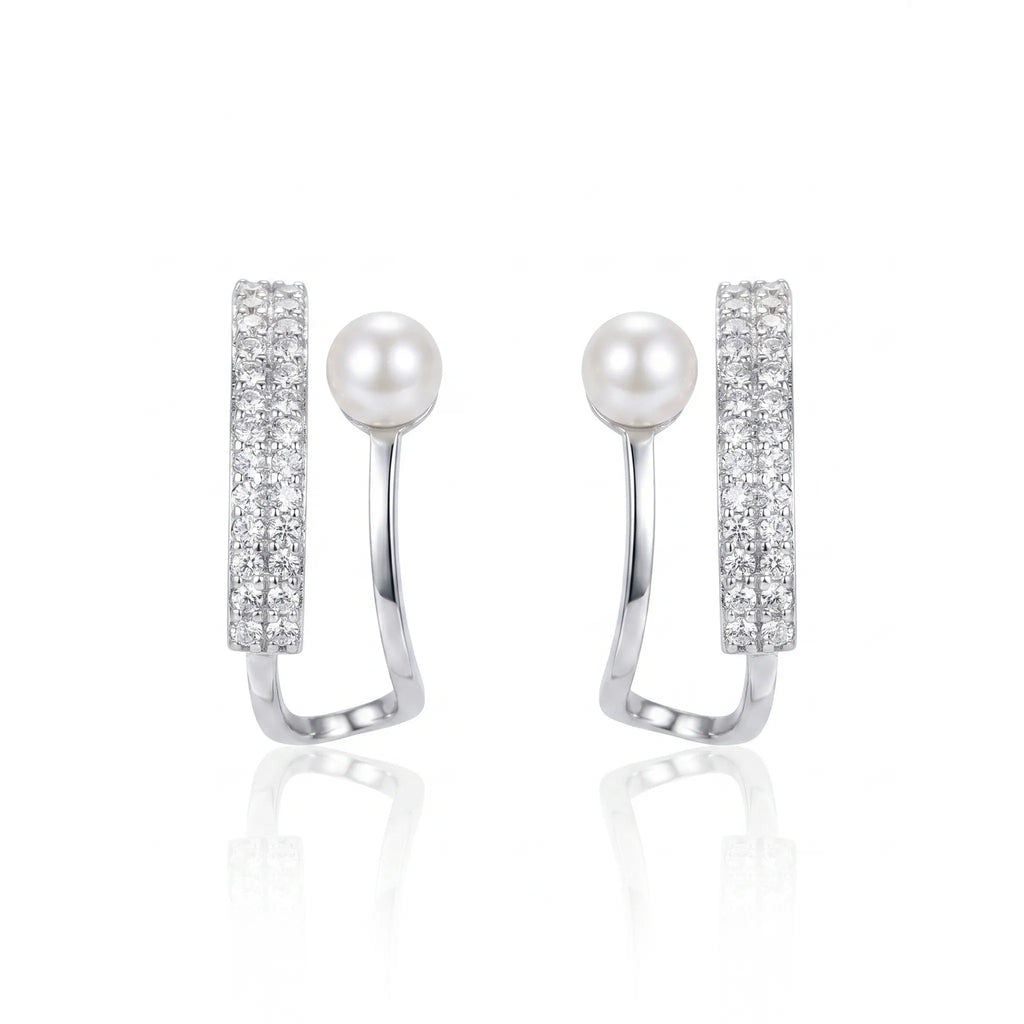 Pearl & Pavé Curve Silver Earrings
