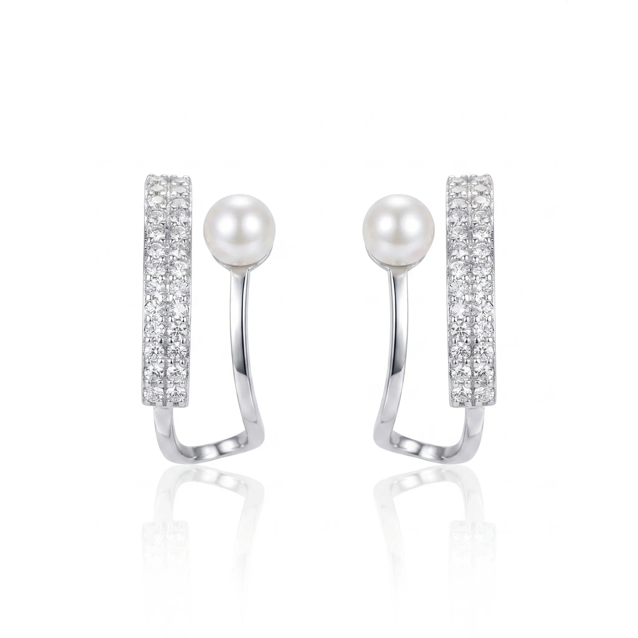 Pearl & Pavé Curve Silver Earrings