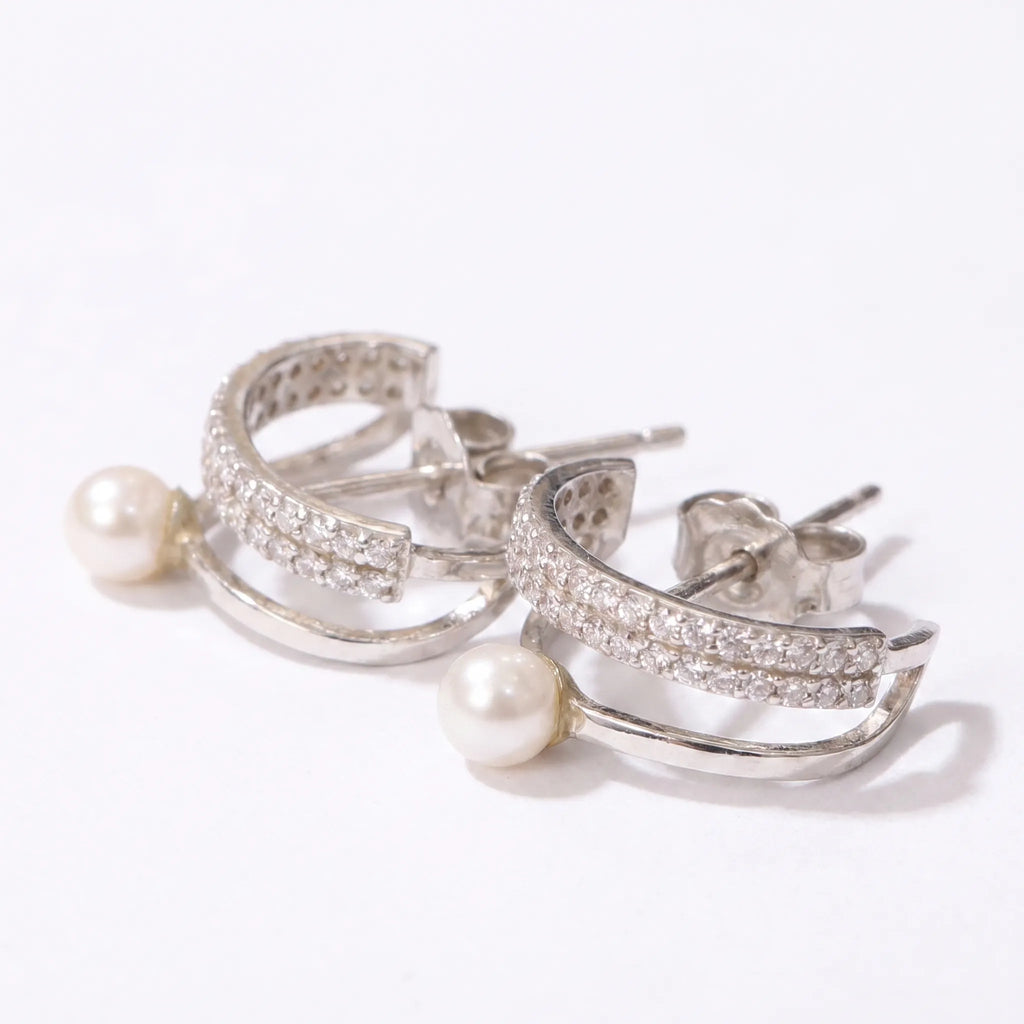 Pearl & Pavé Curve Silver Earrings