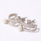 Pearl & Pavé Curve Silver Earrings